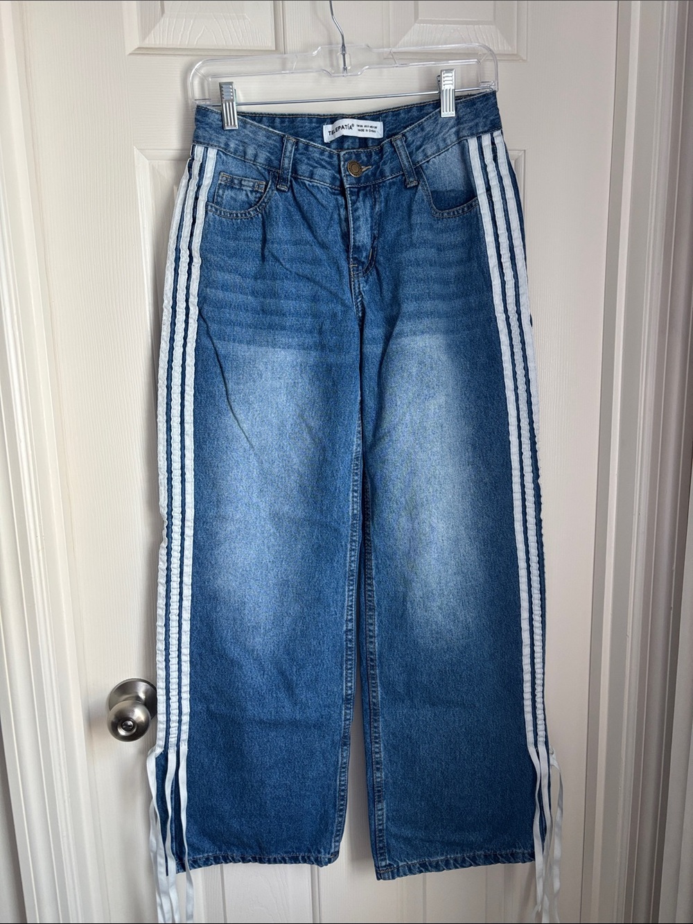 Telepatia- Blue Wide-Leg Stripe-Trim Jeans
